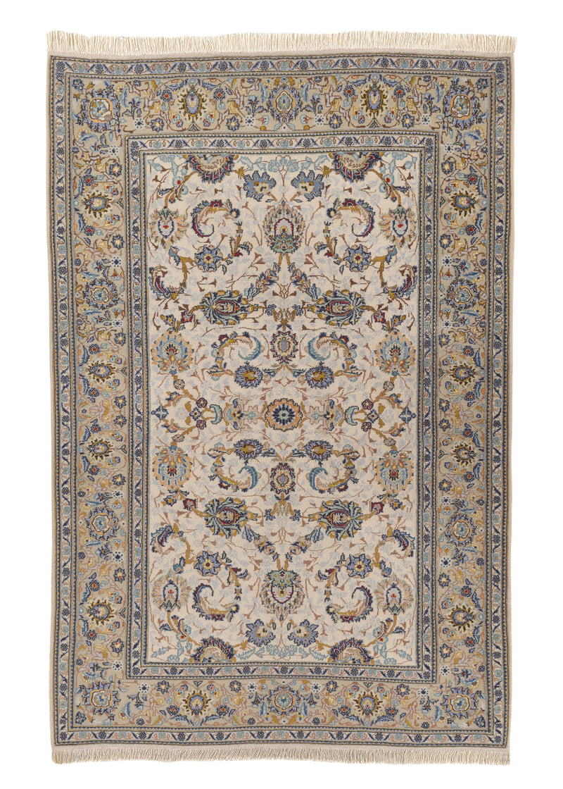 33042 Persian Rug Kashan Handmade Area Traditional 4'7'' x 6'10'' -5x7- Blue Whites Beige Yellow Gold Shah Abbasi Floral Design