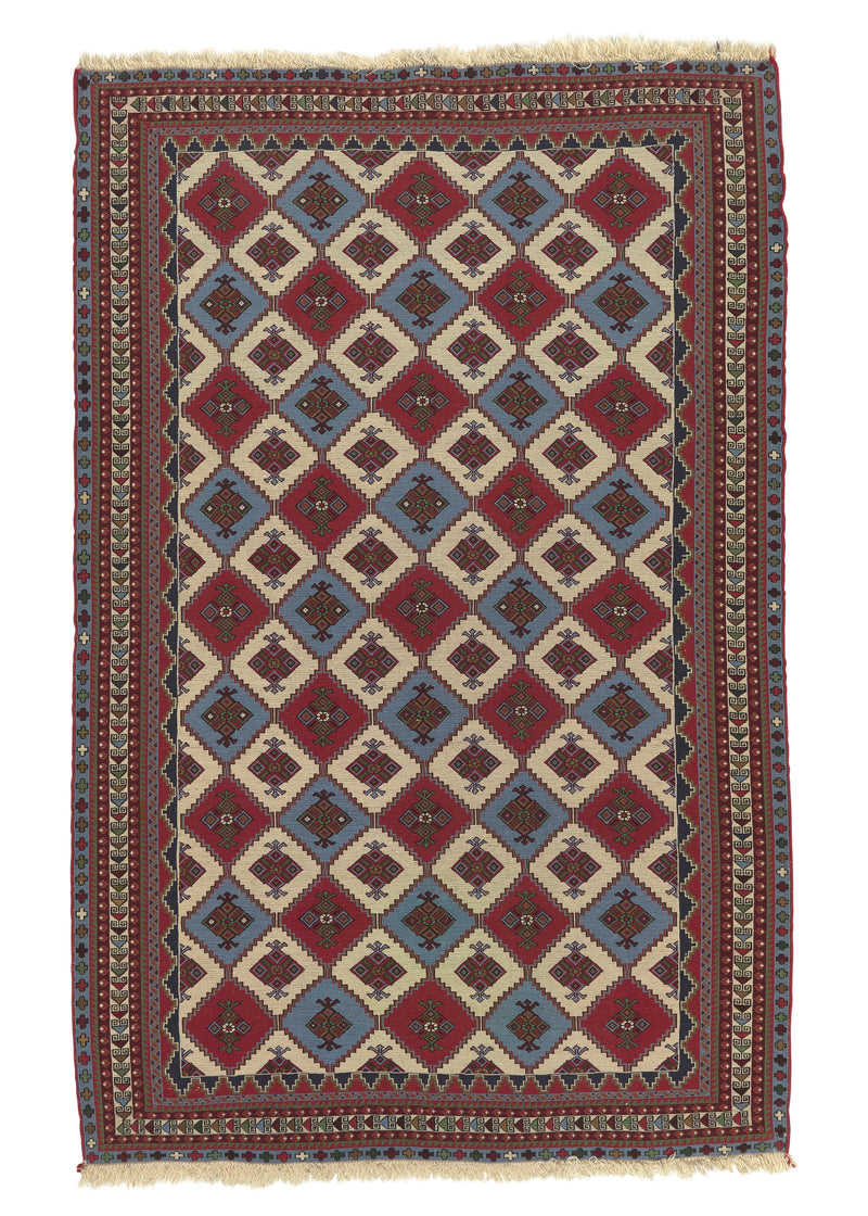 33074 Persian Rug Azerbaijan Handmade Area Tribal 4'3'' x 6'6'' -4x7- Whites Beige Red Blue Geometric Design