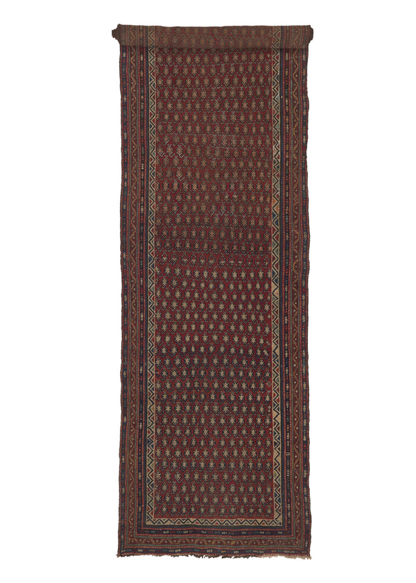 33089 Persian Rug Kurdistan Handmade Runner Antique Tribal 3'7'' x 14'5'' -4x14- Red Paisley Boteh Design