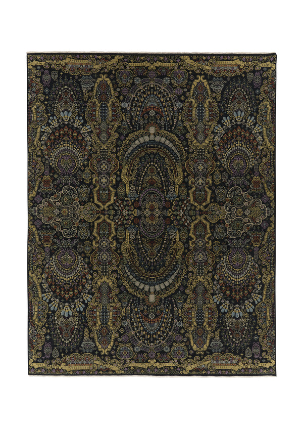 33101 Oriental Rug Indian Handmade Area Modern 8'1'' x 10'5'' -8x10- Black Yellow Gold Mille Fleur Design