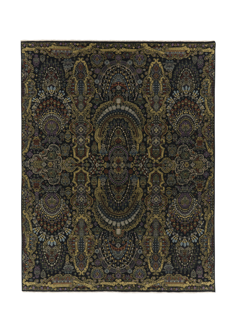 33101 Oriental Rug Indian Handmade Area Modern 8'1'' x 10'5'' -8x10- Black Yellow Gold Mille Fleur Design