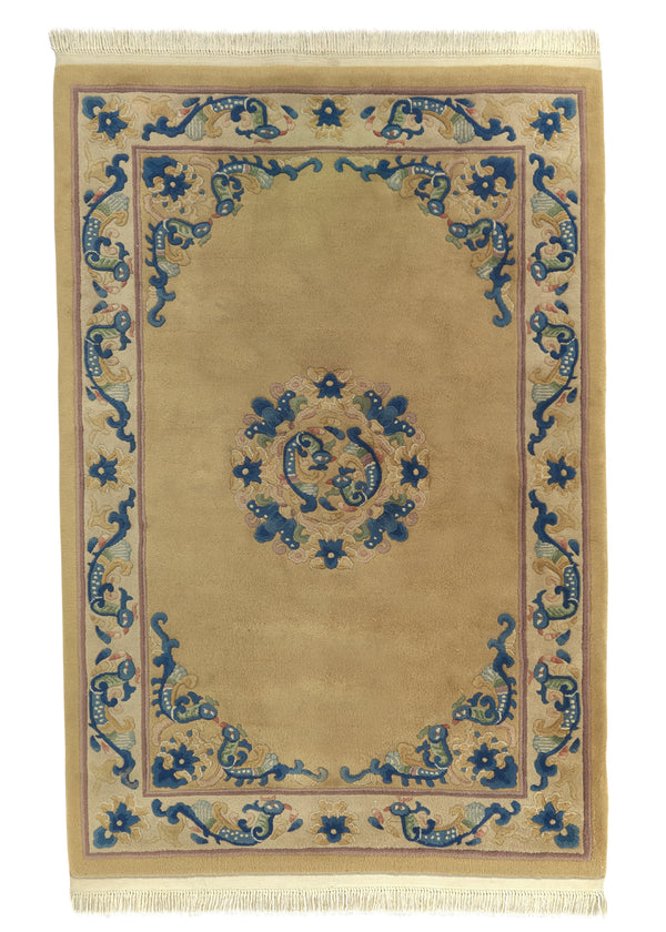 33106 Oriental Rug Chinese Handmade Area Traditional 4'0'' x 6'0'' -4x6- Whites Beige Blue Carved Design