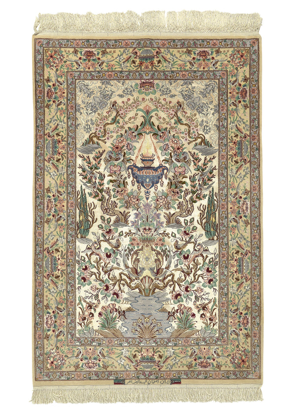33160 Persian Rug Isfahan Handmade Area Traditional 3'7'' x 5'6'' -4x6- Yellow Gold Whites Beige Green Tree of Life Animals Design