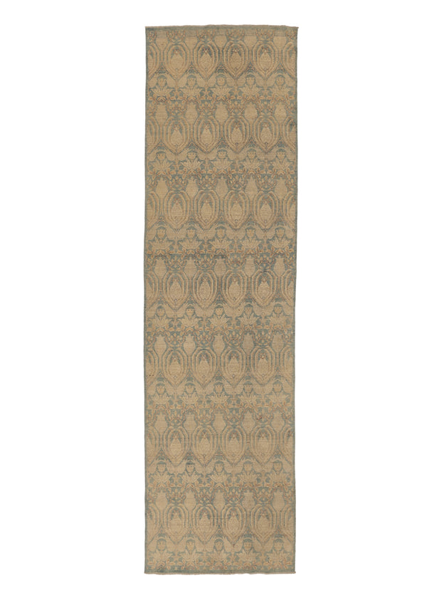 33247 Oriental Rug Pakistani Handmade Runner Transitional Neutral 4'0'' x 14'0'' -4x14- Whites Beige Blue Floral Design