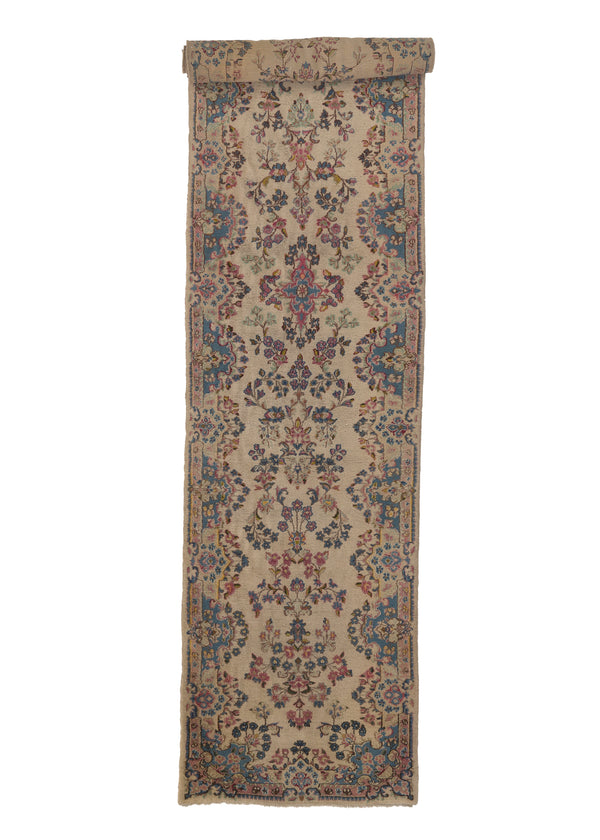 33347 Persian Rug Kerman Handmade Runner Traditional 3'2'' x 13'9'' -3x14- Whites Beige Pink Animals Floral Design