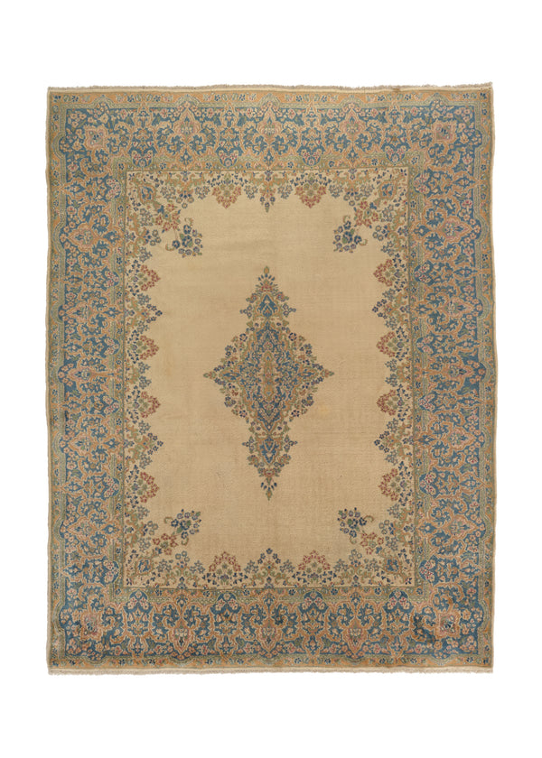 33394 Persian Rug Kerman Handmade Area Traditional 8'10'' x 11'8'' -9x12- Whites Beige Blue Open Field Floral Design