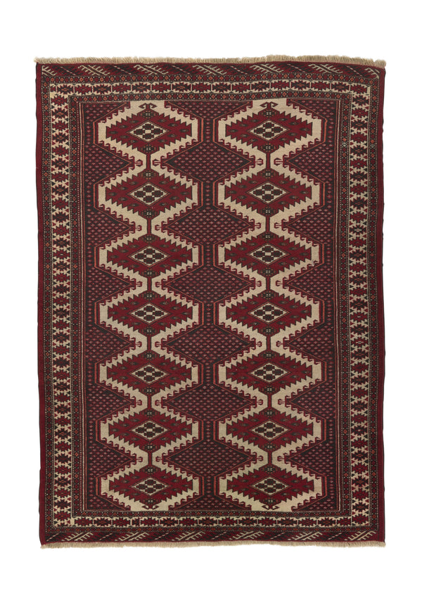 33404 Persian Rug Turkmen Handmade Area Tribal 4'2'' x 5'10'' -4x6- Red Whites Beige Bokhara Design