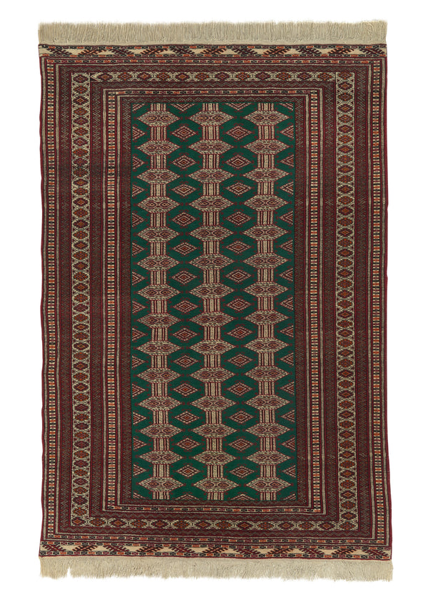 33406 Persian Rug Turkmen Handmade Area Tribal 4'2'' x 6'4'' -4x6- Green Red Whites Beige Bokhara Design
