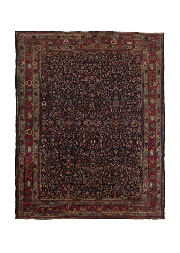 33427 Persian Rug Bijar Handmade Area Antique Traditional 10'3'' x 13'2'' -10x13- Red Blue Floral Design