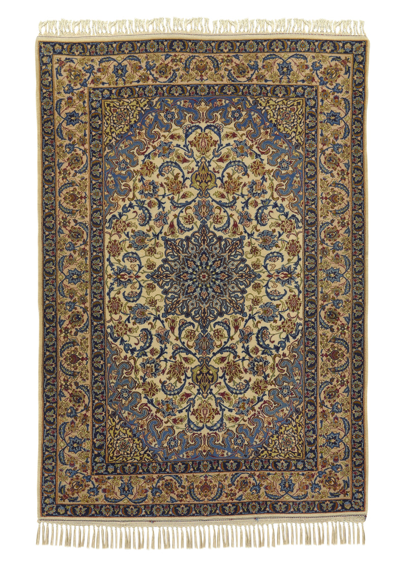 33433 Persian Rug Isfahan Handmade Area Traditional 3'6'' x 5'3'' -4x5- Whites Beige Blue Floral Design