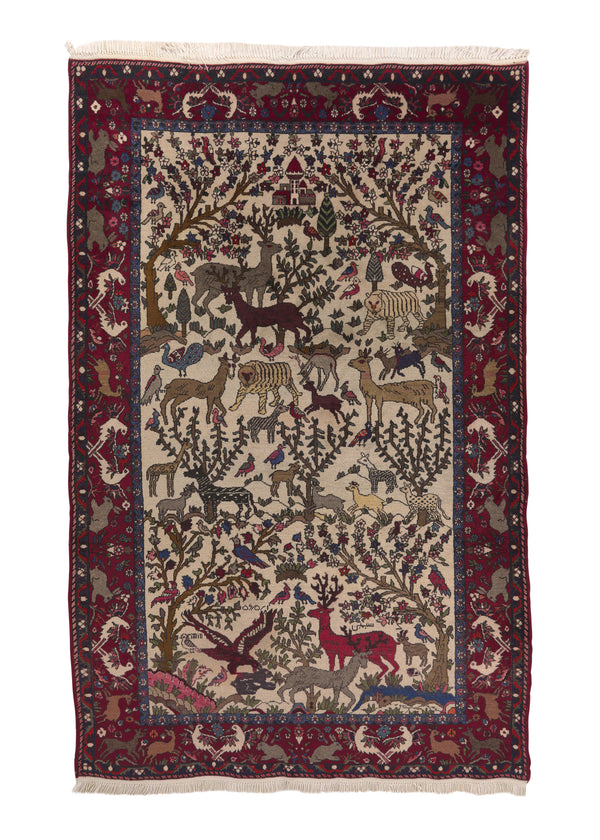 33475 Persian Rug Bakhtiari Handmade Area Traditional Tribal 5'2'' x 8'2'' -5x8- Whites Beige Pictorial Animals Design