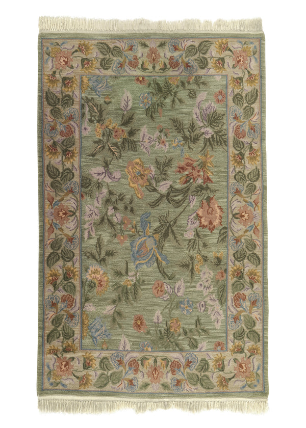 33481 Oriental Rug Indian Handmade Area Traditional 3'8'' x 5'11'' -4x6- Green Floral Design