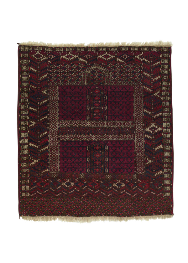 33483 Persian Rug Turkmen Handmade Area Square Antique Tribal 4'4'' x 4'6'' -4x5- Red Tekke Prayer Rug Design
