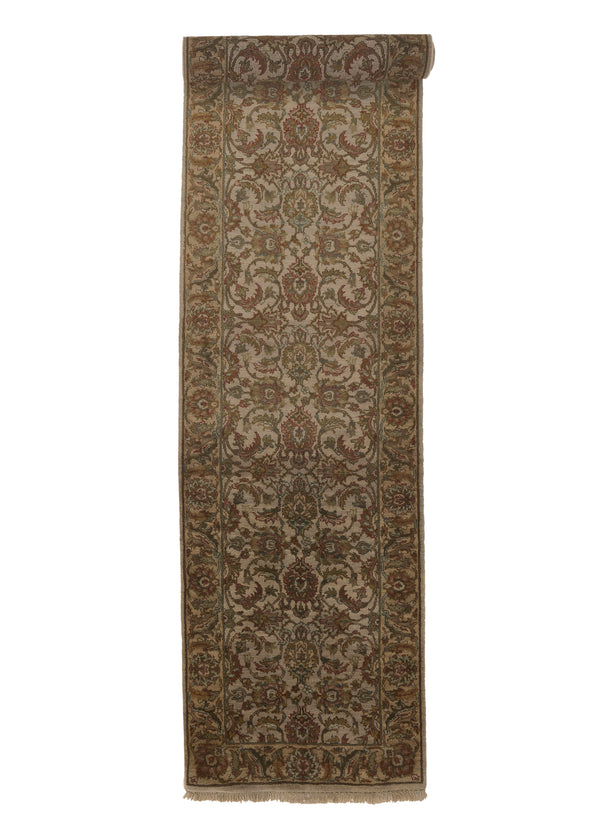 33513 Oriental Rug Indian Handmade Runner Transitional 3'0'' x 13'9'' -3x14- Whites Beige Green Jaipur Floral Design