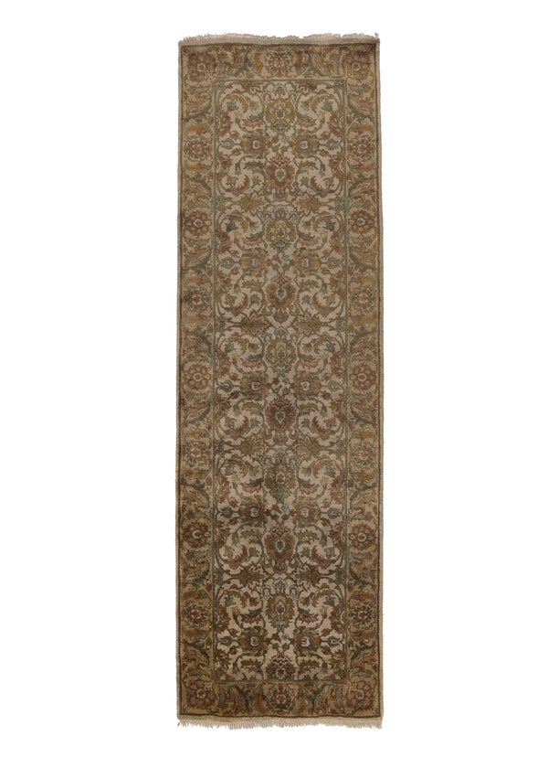 33514 Oriental Rug Indian Handmade Runner Transitional 3'1'' x 10'1'' -3x10- Whites Beige Green Yellow Gold Jaipur Floral Design
