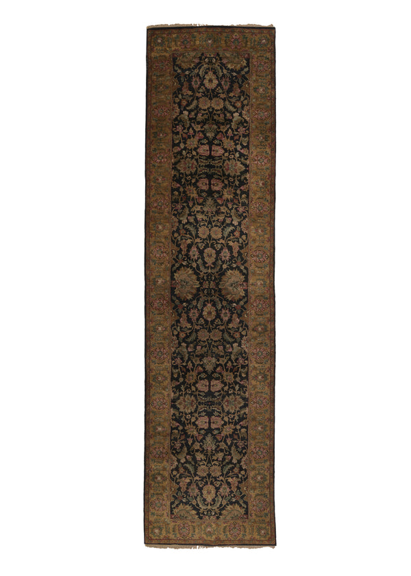 33557 Oriental Rug Indian Handmade Runner Transitional 3'0'' x 12'0'' -3x12- Black Yellow Gold Jaipur Floral Design