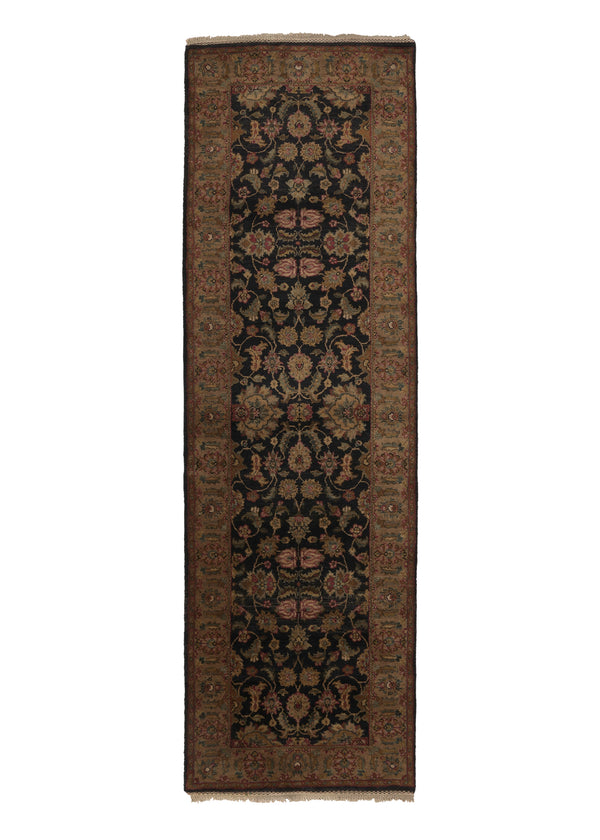 33558 Oriental Rug Indian Handmade Runner Transitional 3'1'' x 8'9'' -3x9- Black Whites Beige Jaipur Floral Design