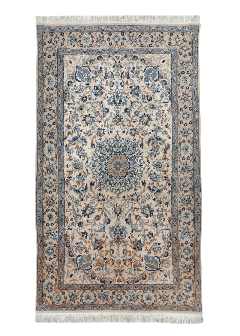 33564 Persian Rug Nain Handmade Area Traditional 3'9'' x 6'7'' -4x7- Whites Beige Blue Floral Design