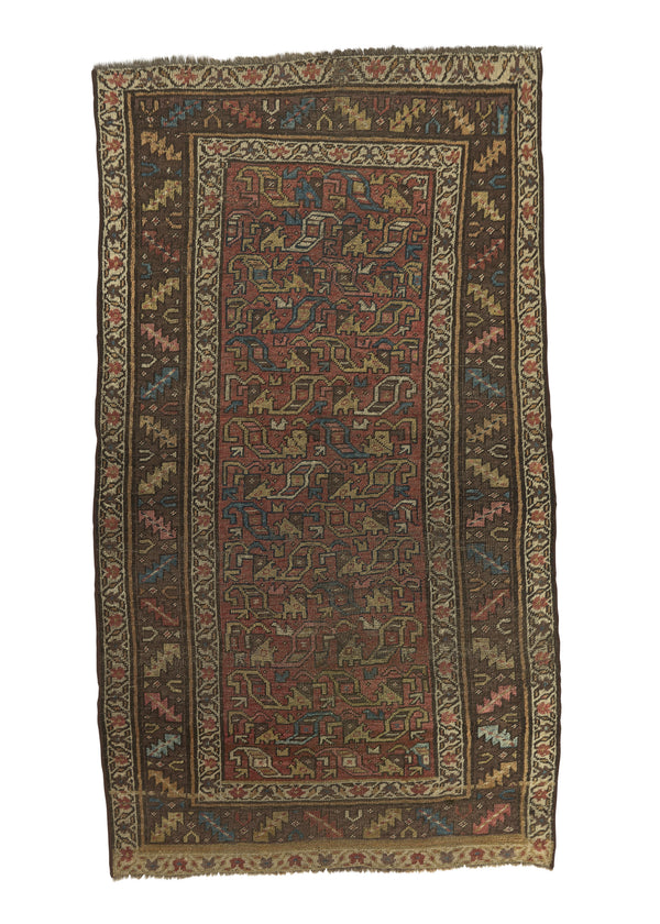 33584 Persian Rug Kurdistan Handmade Area Antique Tribal 4'0'' x 7'4'' -4x7- Brown Pink Geometric Design
