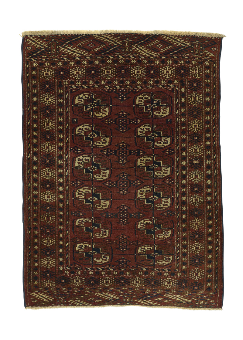 33616 Persian Rug Turkmen Handmade Area Antique Tribal 3'6'' x 4'8'' -4x5- Red Bokhara Design