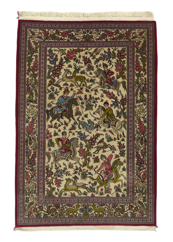 33618 Persian Rug Qum Handmade Area Traditional Traditional 3'6'' x 5'3'' -4x5- Pink Whites Beige Hunting Scene Design