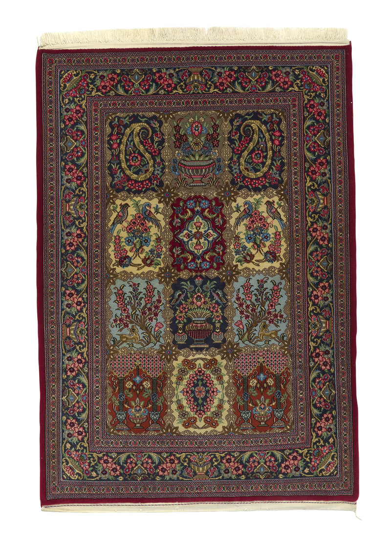 33619 Persian Rug Qum Handmade Area Traditional Traditional 3'7'' x 5'1'' -4x5- Multi-color Red Garden Animals Paisley Boteh Design