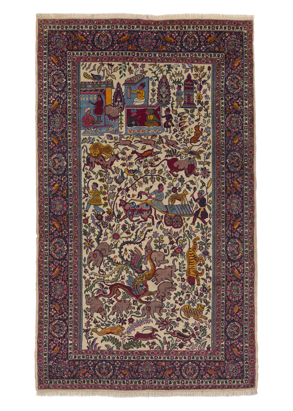 33635 Oriental Rug Turkish Handmade Area Traditional 4'7'' x 7'8'' -5x8- Whites Beige Multi-color Pictorial Hunting Scene Design
