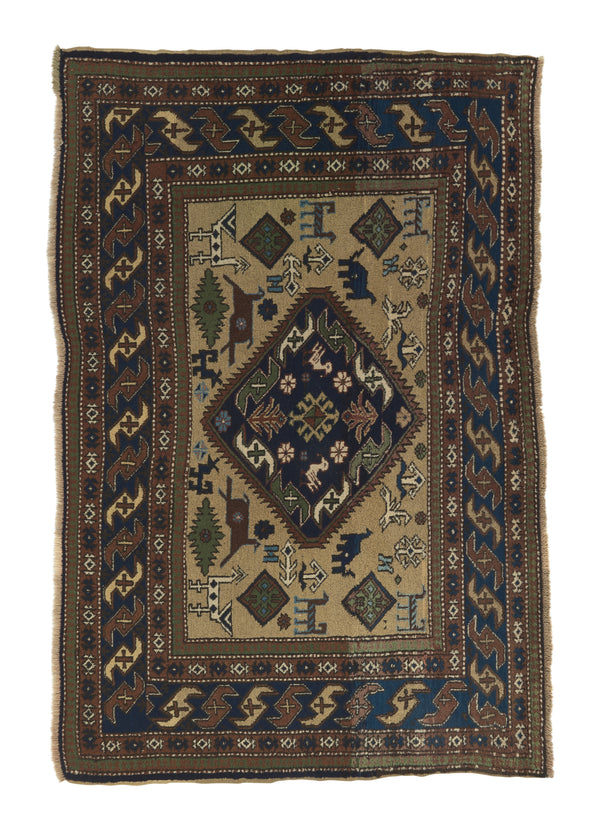 33673 Persian Rug Ardabil Handmade Area Tribal 3'9'' x 6'0'' -4x6- Brown Green Animals Design