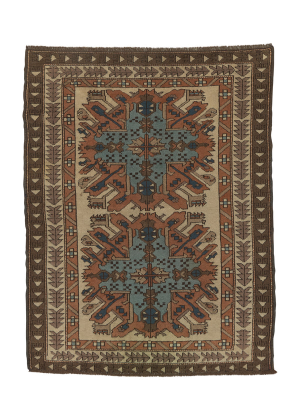 33707 Oriental Rug Turkish Handmade Area Tribal 3'10'' x 5'0'' -4x5- Brown Whites Beige Blue Geometric Design