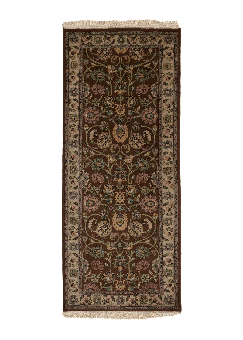 33717 Oriental Rug Indian Handmade Runner Transitional 2'6'' x 6'1'' -3x6- Brown Green Floral Design
