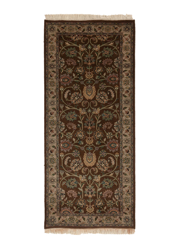 33718 Oriental Rug Indian Handmade Runner Transitional 2'6'' x 6'1'' -3x6- Brown Green Floral Design