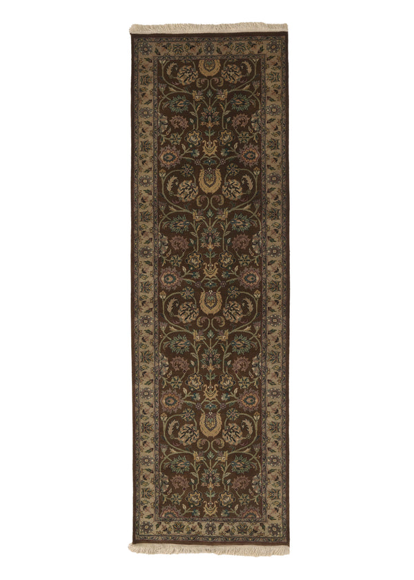 33725 Oriental Rug Indian Handmade Runner Traditional 2'6'' x 8'0'' -3x8- Brown Green Floral Design