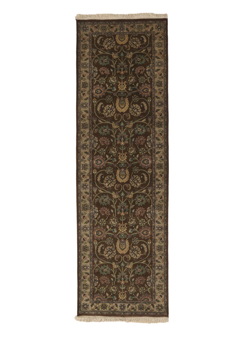 33725 Oriental Rug Indian Handmade Runner Traditional 2'6'' x 8'0'' -3x8- Brown Green Floral Design