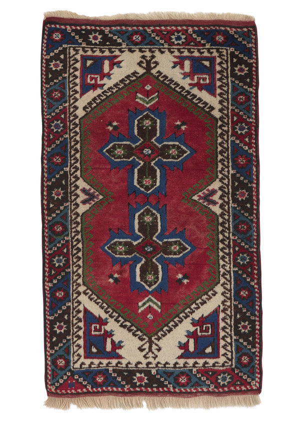 33778 Oriental Rug Turkish Handmade Area Tribal 2'3'' x 3'10'' -2x4- Red Blue Whites Beige Geometric Design