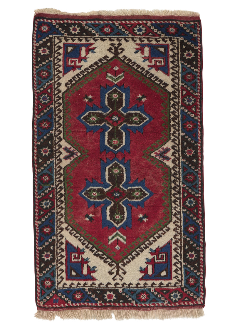 33778 Oriental Rug Turkish Handmade Area Tribal 2'3'' x 3'10'' -2x4- Red Blue Whites Beige Geometric Design