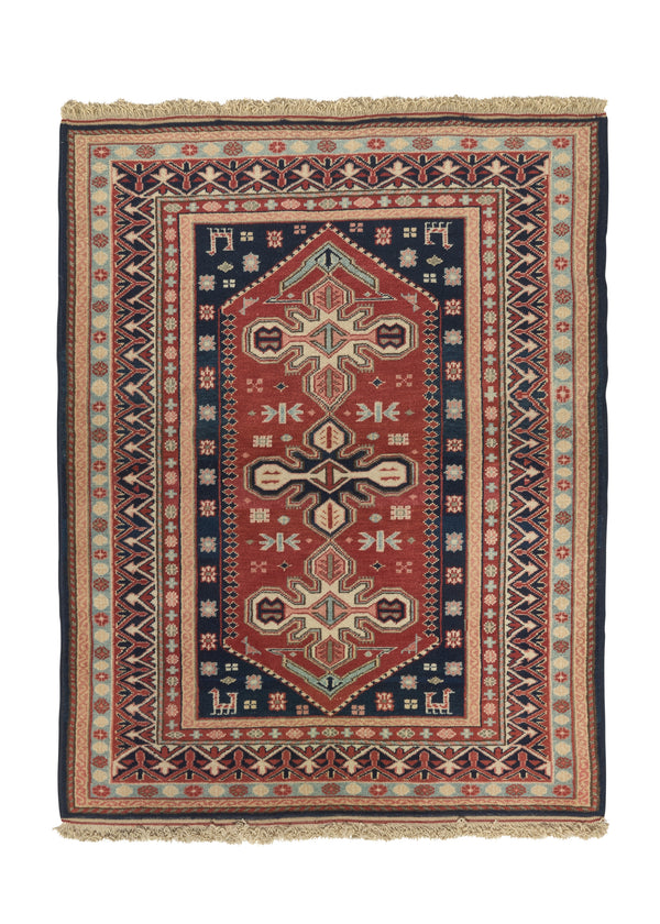 33784 Oriental Rug Turkish Handmade Area Tribal 4'0'' x 5'0'' -4x5- Red Blue Geometric Design