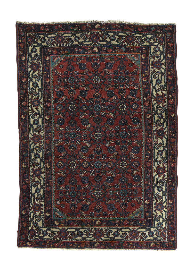 33888 Persian Rug Malayer Handmade Area Tribal Vintage 3'7'' x 4'11'' -4x5- Red Blue Floral Design