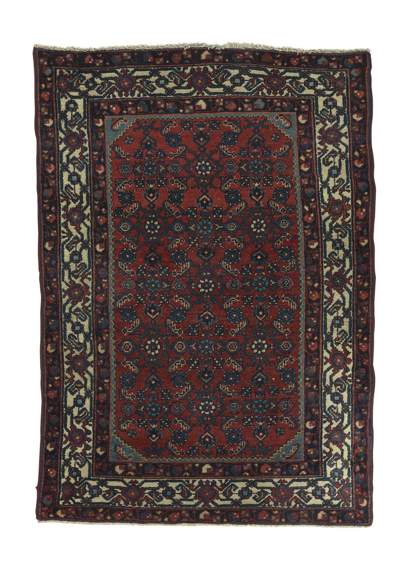 33888 Persian Rug Malayer Handmade Area Tribal Vintage 3'7'' x 4'11'' -4x5- Red Blue Floral Design