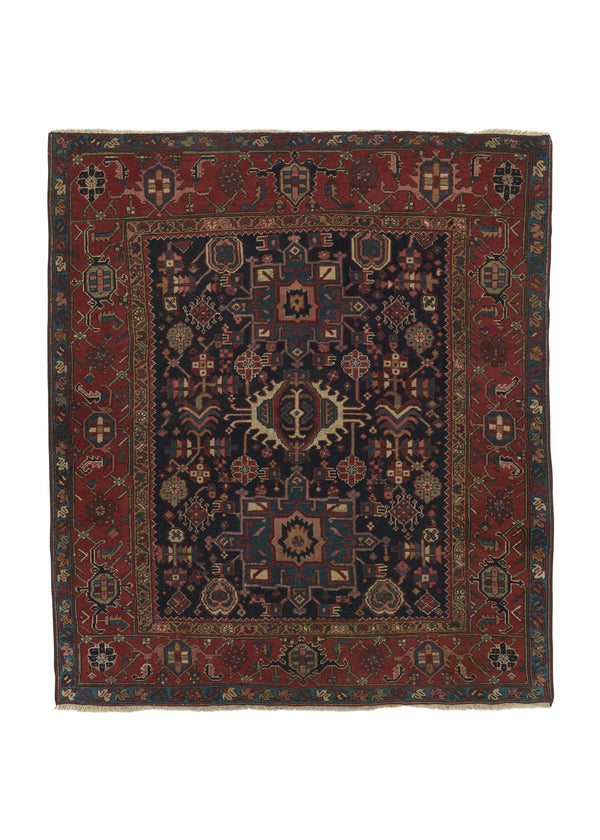 33909 Persian Rug Gharajeh Handmade Area Square Antique Tribal 4'9'' x 5'4'' -5x5- Red Blue Geometric Design