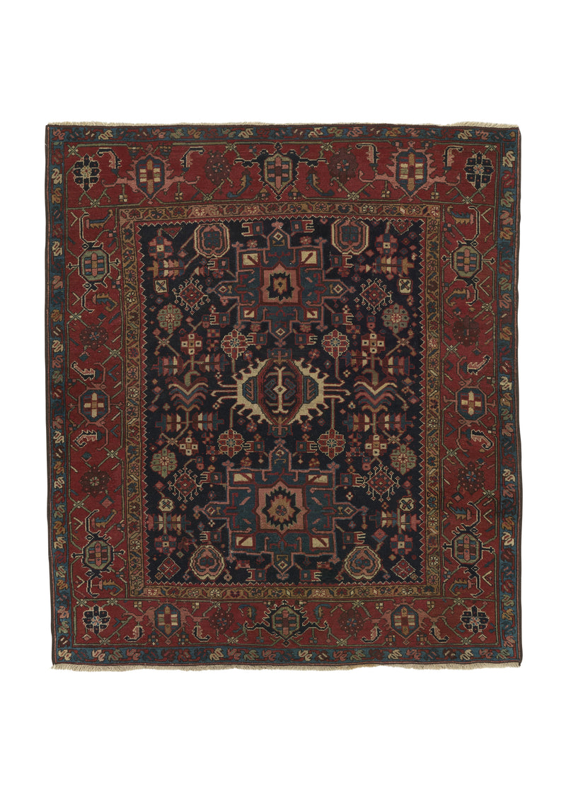 33909 Persian Rug Gharajeh Handmade Area Square Antique Tribal 4'9'' x 5'4'' -5x5- Red Blue Geometric Design