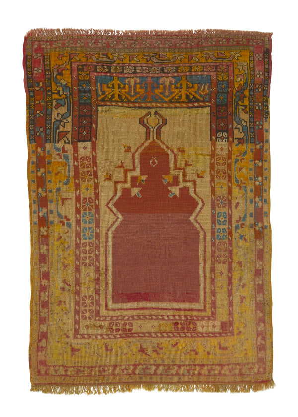 33918 Oriental Rug Turkish Handmade Area Antique Tribal 3'5'' x 4'10'' -3x5- Yellow Gold Red Prayer Rug Design