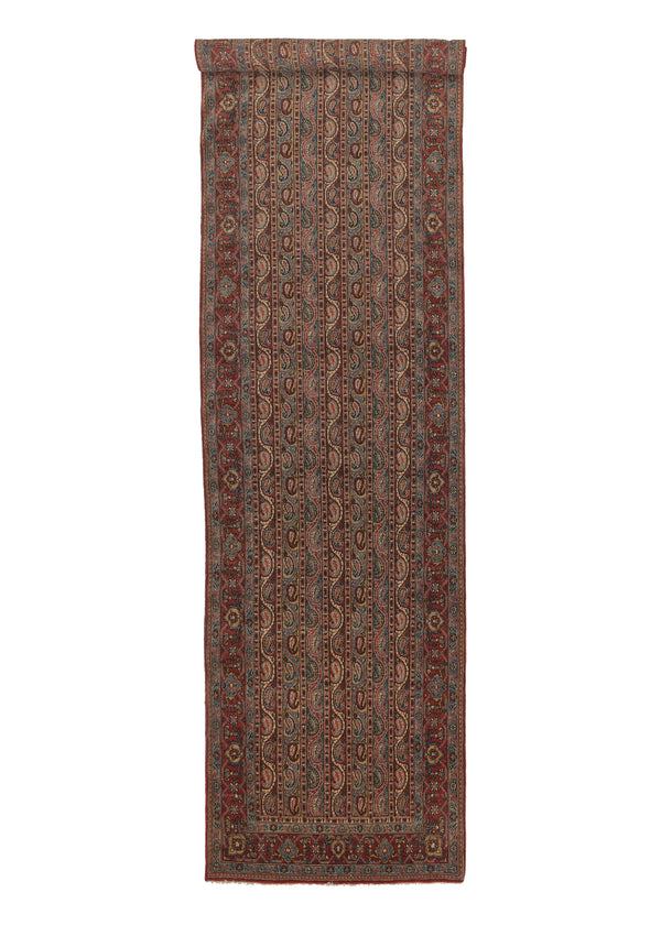 33926 Persian Rug Qum Handmade Runner Traditional 3'5'' x 13'6'' -3x14- Red Blue Paisley Boteh Design