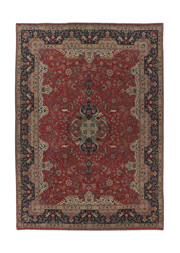 33998 Persian Rug Tabriz Handmade Area Traditional 9'10'' x 13'10'' -10x14- Red Blue Whites Beige Animals Floral Design