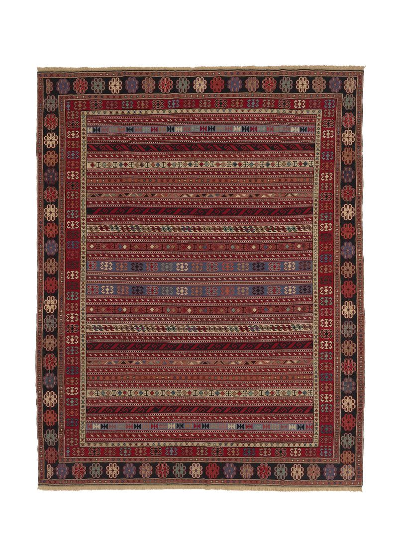 34008 Persian Rug Sirjan Handmade Area Tribal 8'7'' x 11'0'' -9x11- Multi-color Red Kilim Geometric Design