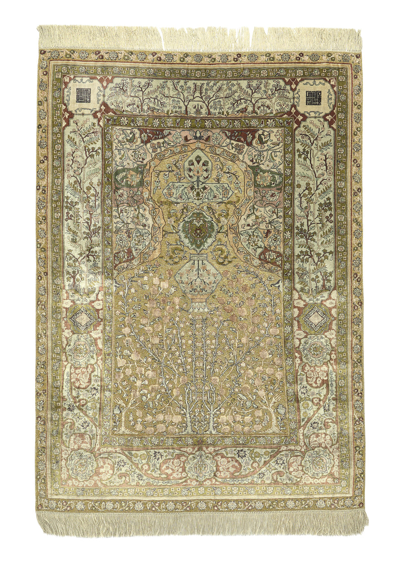 34027 Oriental Rug Turkish Handmade Area Traditional 2'7'' x 3'10'' -3x4- Green Brown Tree of Life Prayer Rug Design