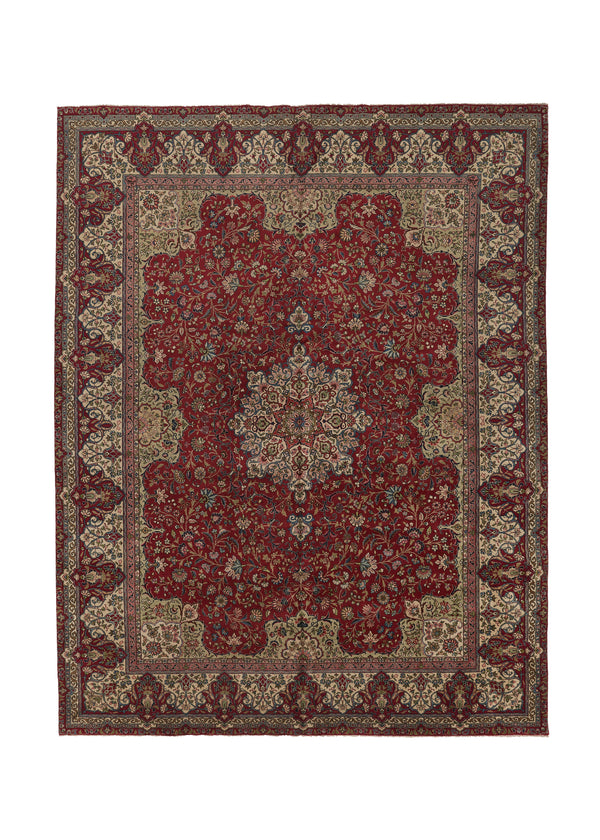 34052 Persian Rug Tabriz Handmade Area Traditional 11'1'' x 15'1'' -11x15- Red Whites Beige Floral Design
