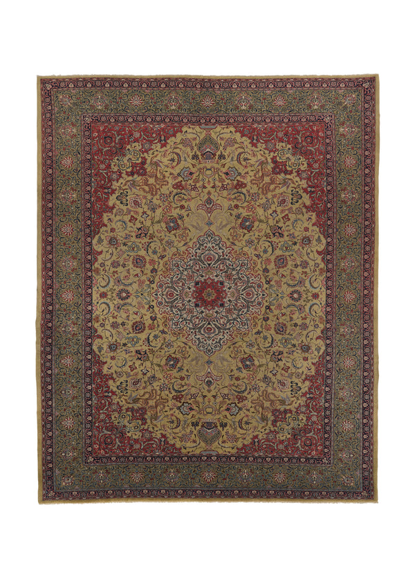 34059 Persian Rug Sarouk Handmade Area Traditional 10'7'' x 13'7'' -11x14- Yellow Gold Green Animals Floral Design