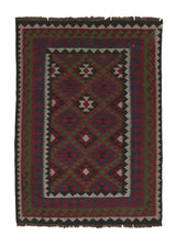 34075 Persian Rug Shiraz Handmade Area Tribal 4'4'' x 5'11'' -4x6- Green Black Multi-color Kilim Geometric Design
