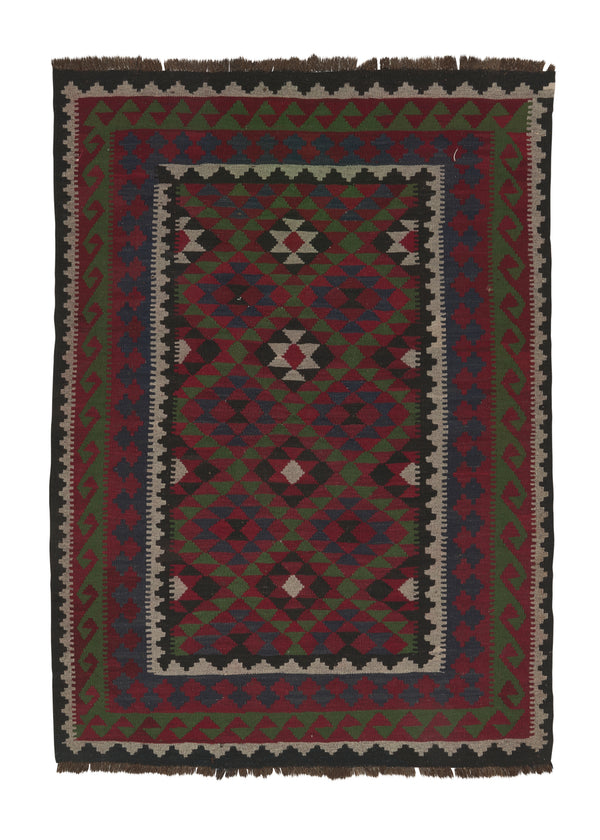 34075 Persian Rug Shiraz Handmade Area Tribal 4'4'' x 5'11'' -4x6- Green Black Multi-color Kilim Geometric Design