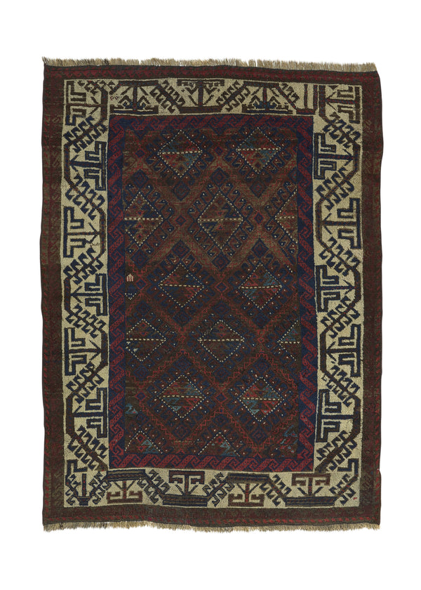 34141 Persian Rug Baloch Handmade Area Tribal Vintage 3'7'' x 4'9'' -4x5- Brown Geometric Design